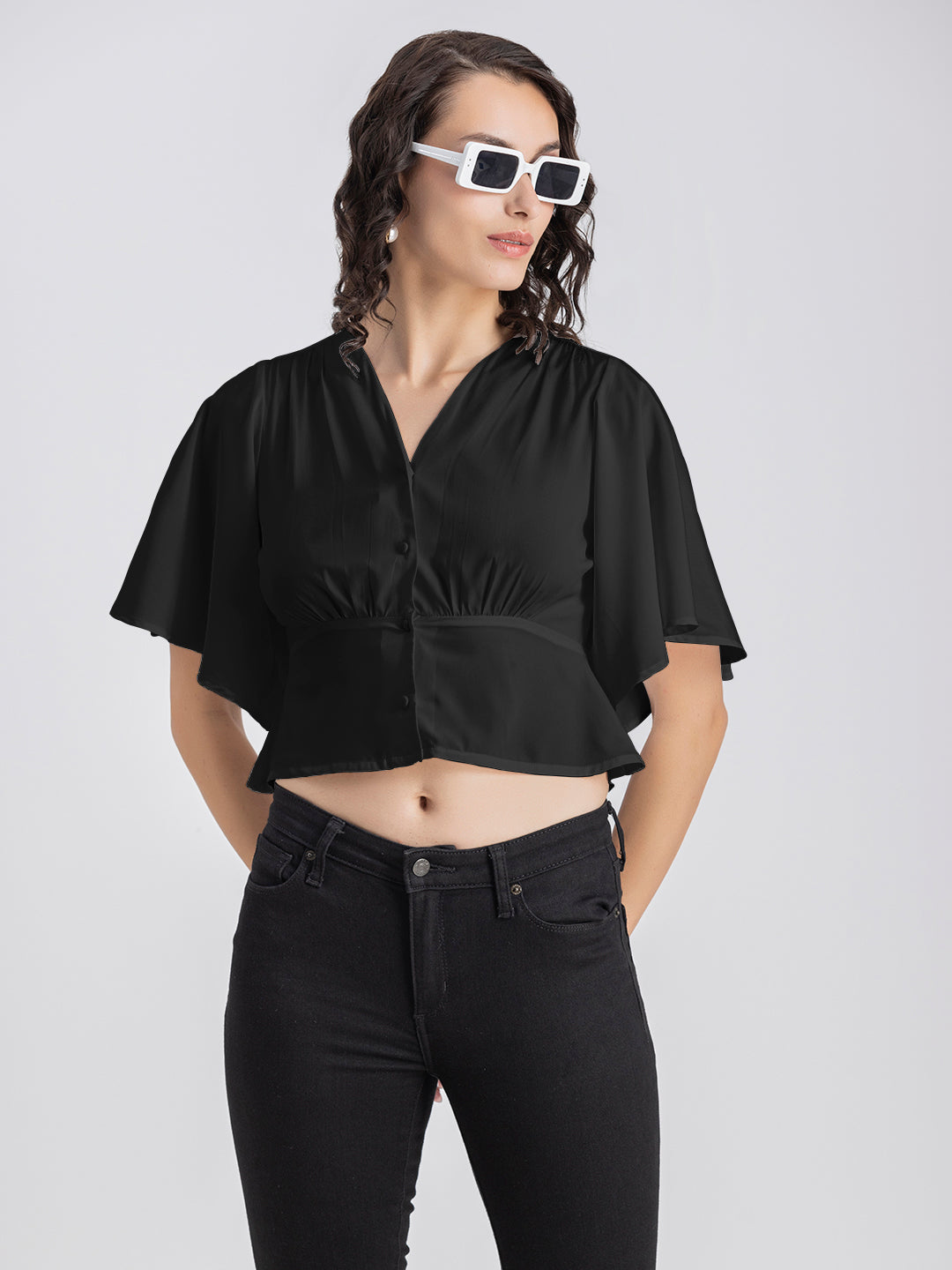 Solid V-Neck Flutter Top