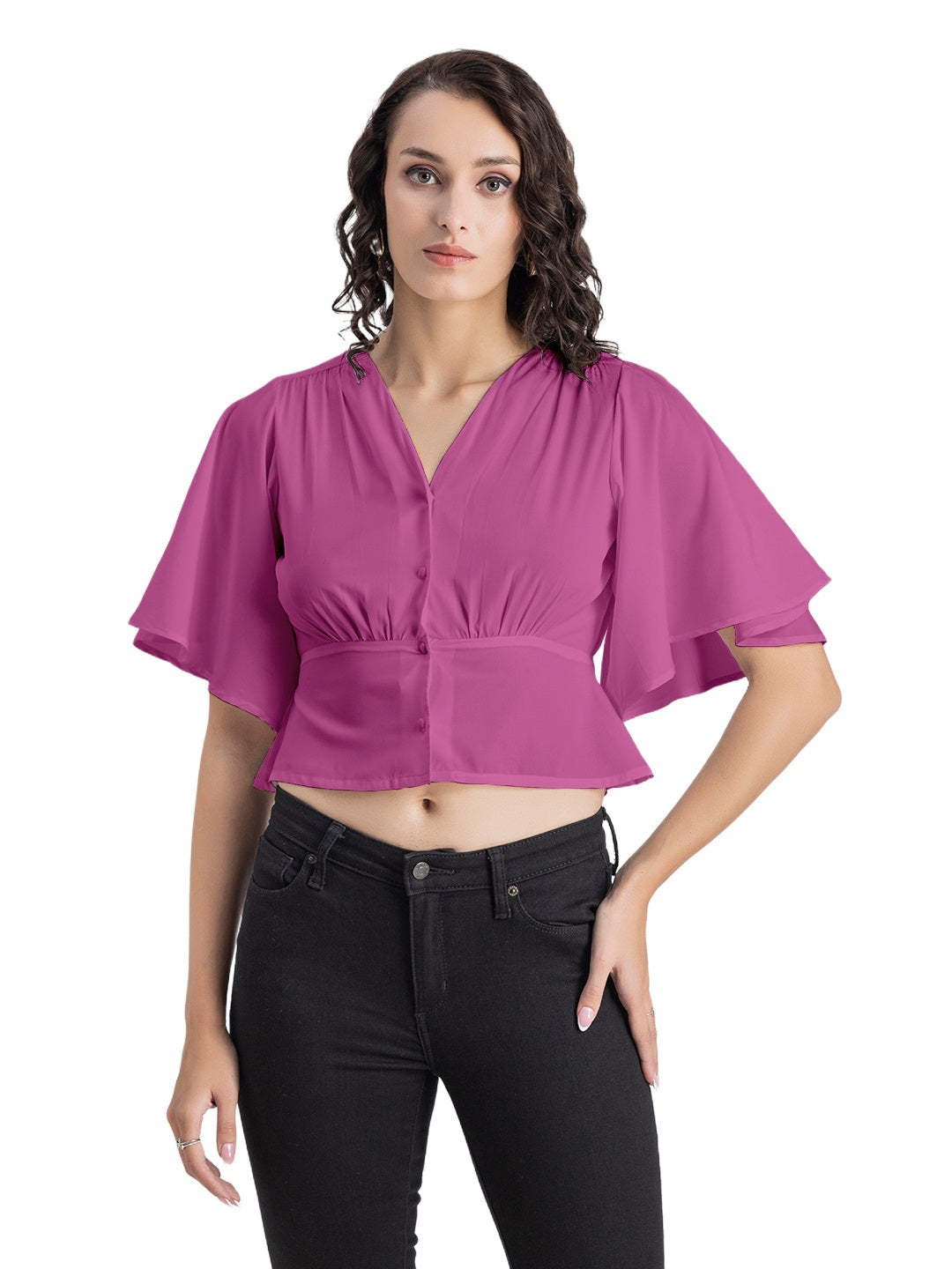 Solid V-Neck Flutter Top