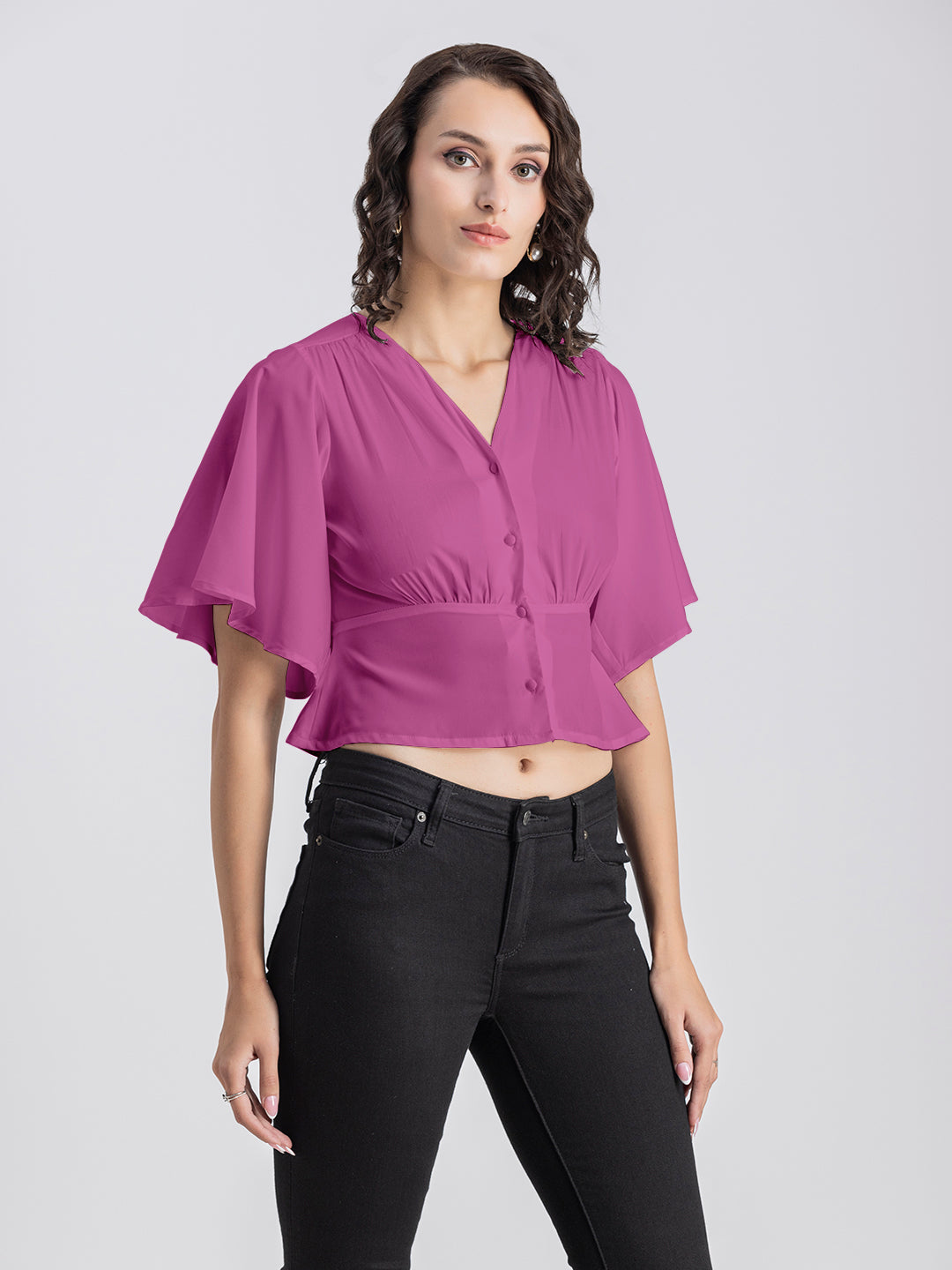 Solid V-Neck Flutter Top