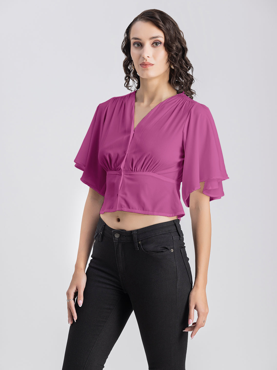 Solid V-Neck Flutter Top