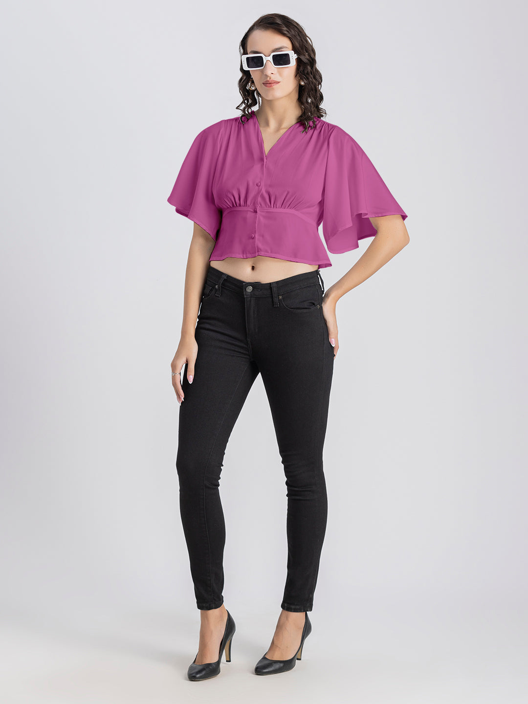 Solid V-Neck Flutter Top