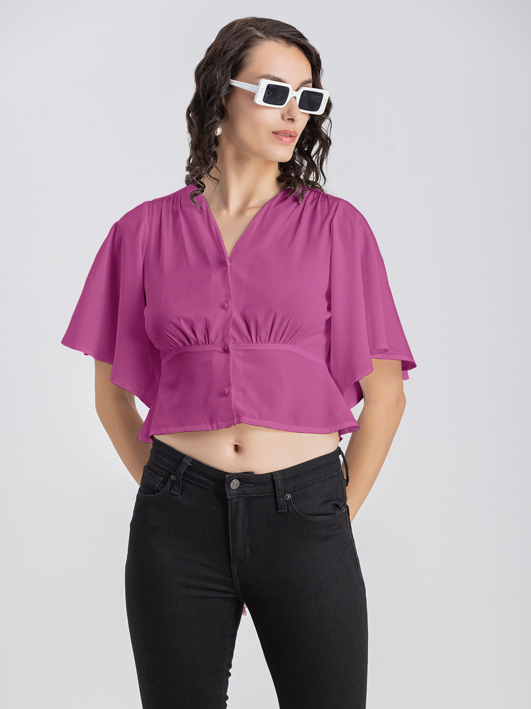 Solid V-Neck Flutter Top