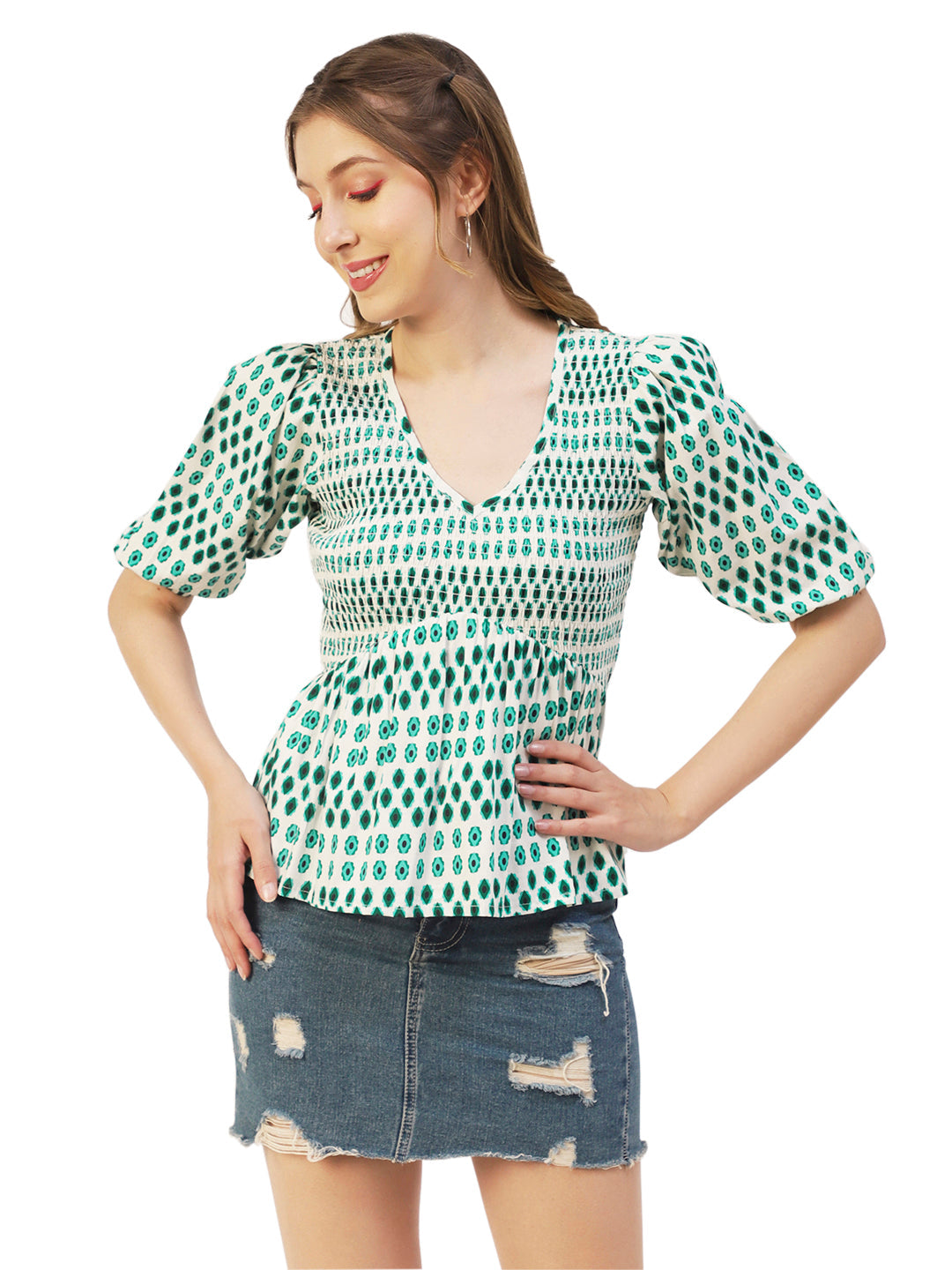 Smocked Elbow Sleeve Top