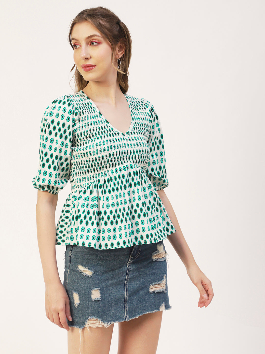 Smocked Elbow Sleeve Top