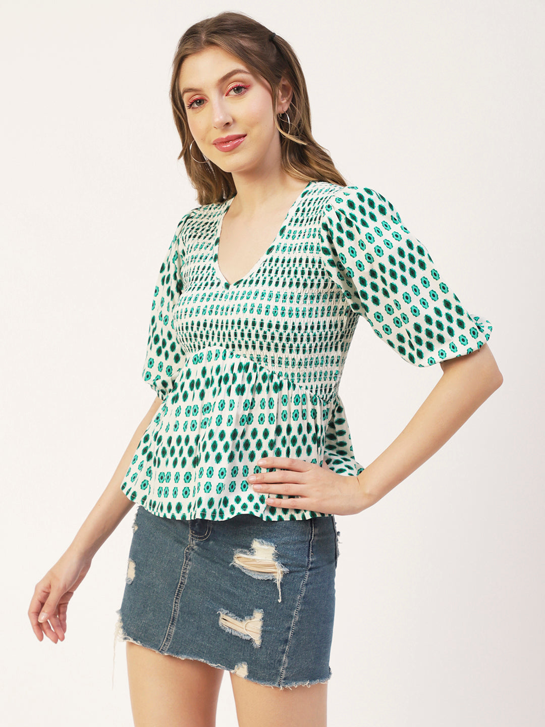 Smocked Elbow Sleeve Top