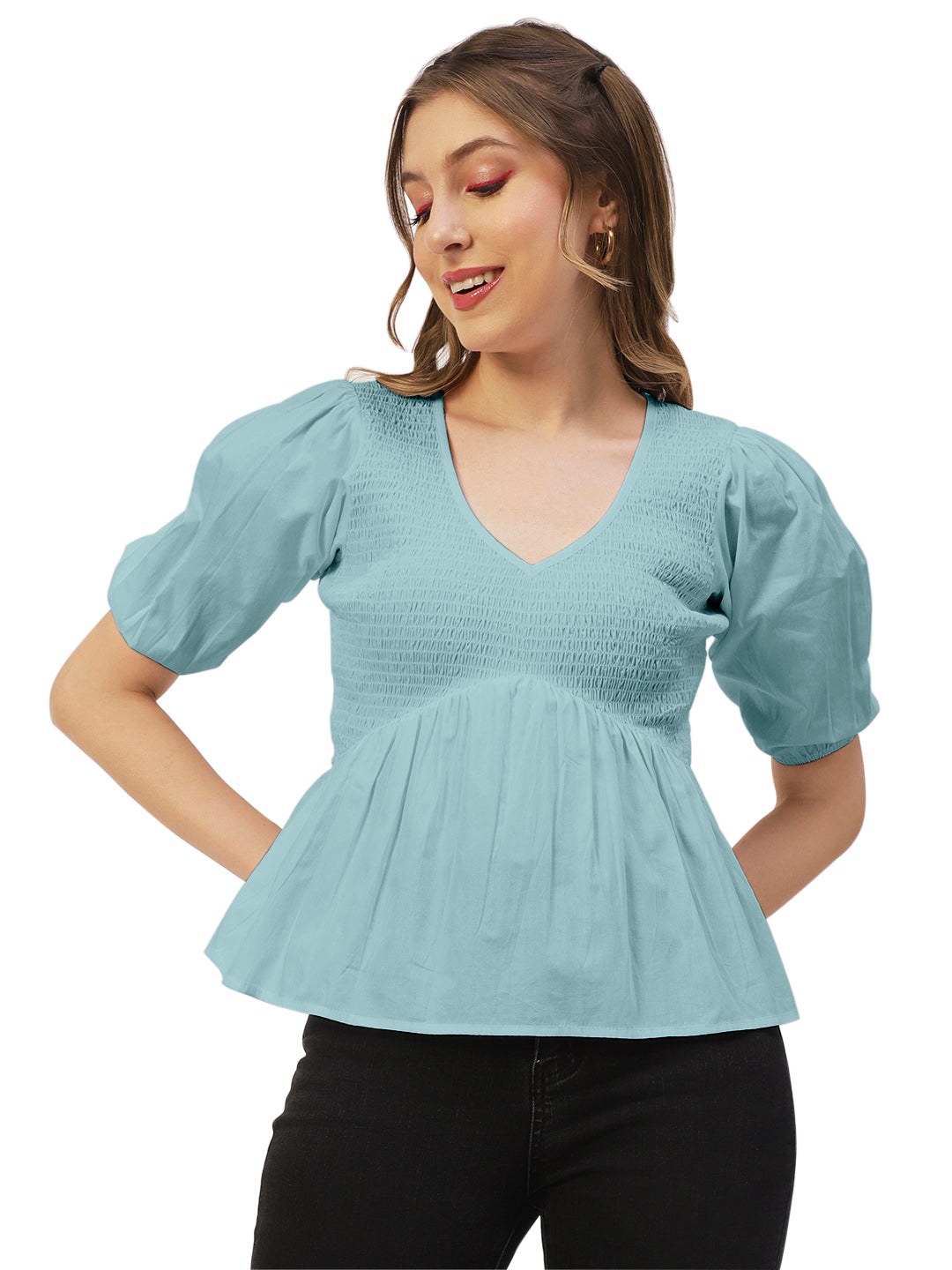 Smocked Elbow Sleeve Top