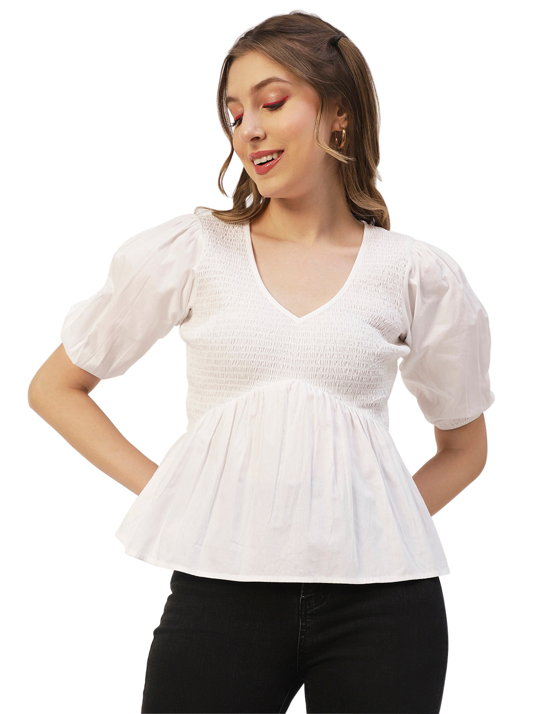 Smocked Elbow Sleeve Top