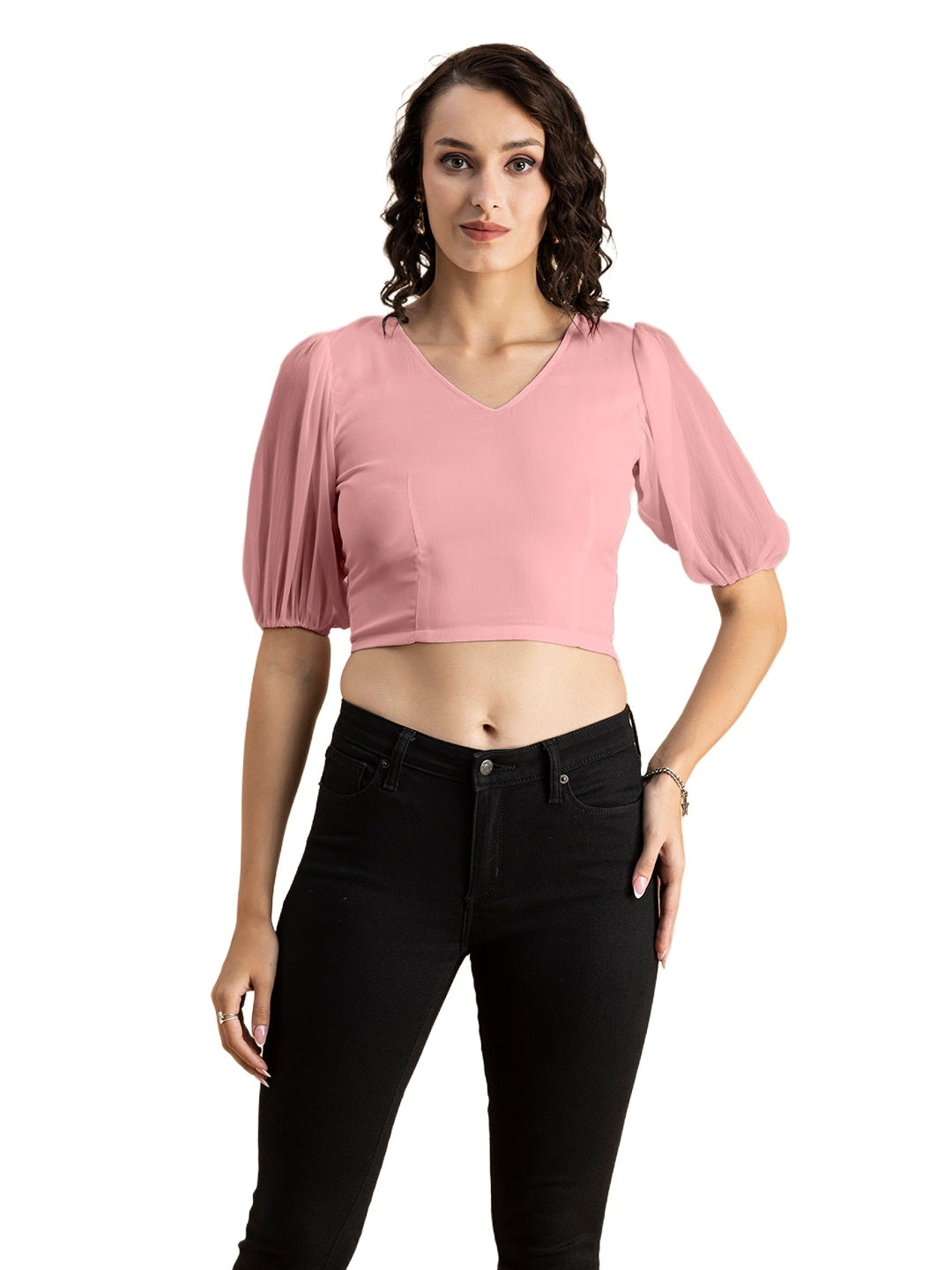 Solid V-Neck Puff Sleeve