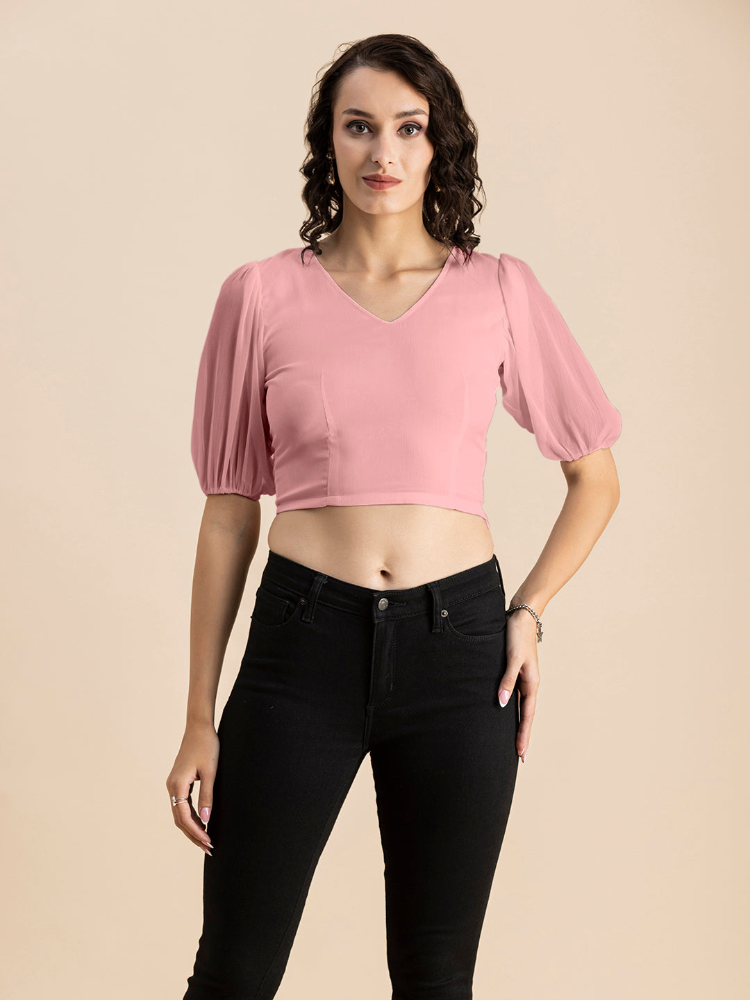 Solid V-Neck Puff Sleeve