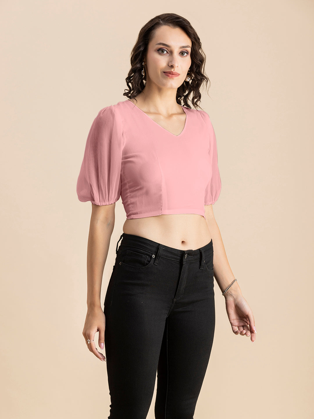 Solid V-Neck Puff Sleeve