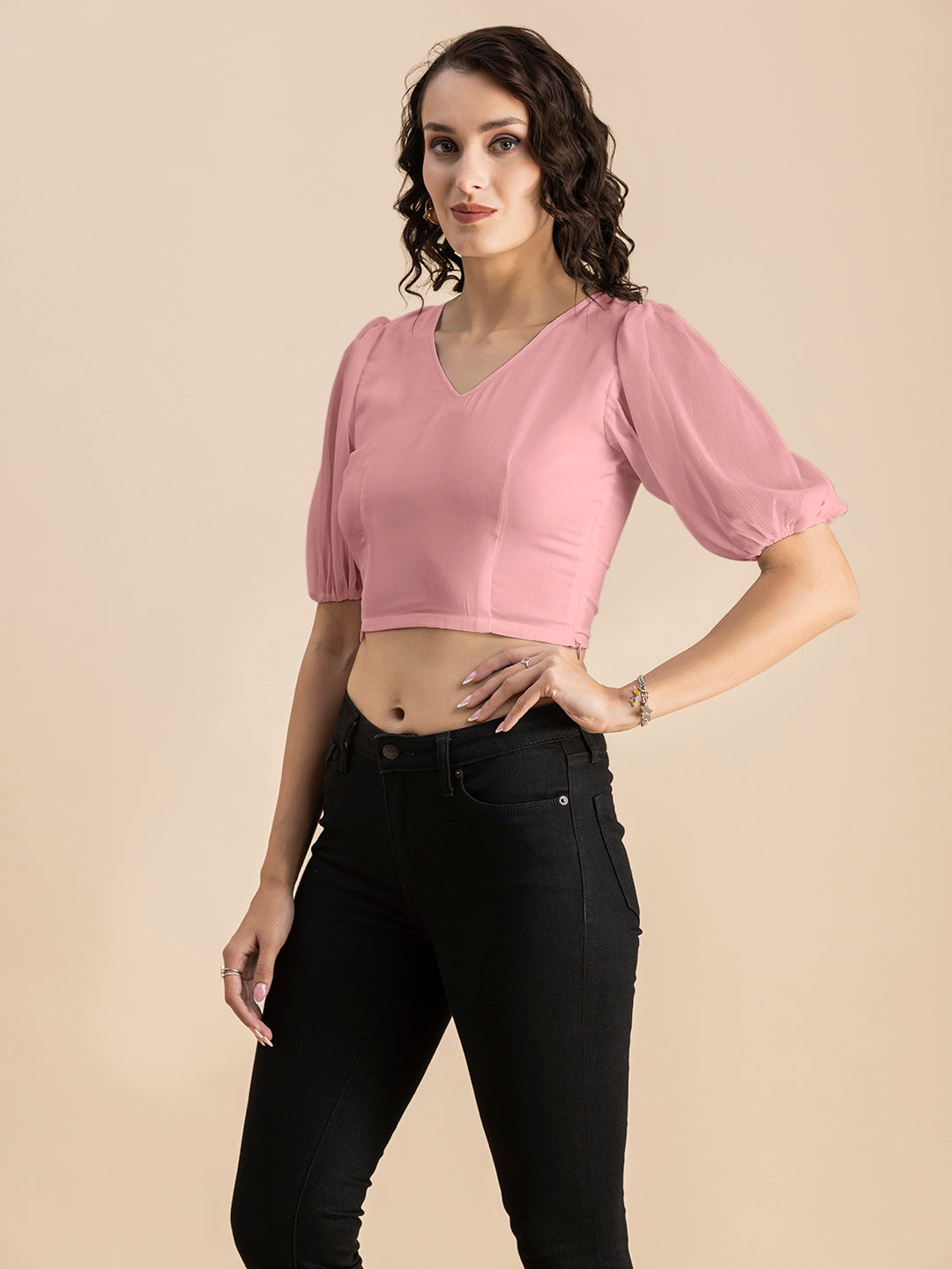 Solid V-Neck Puff Sleeve