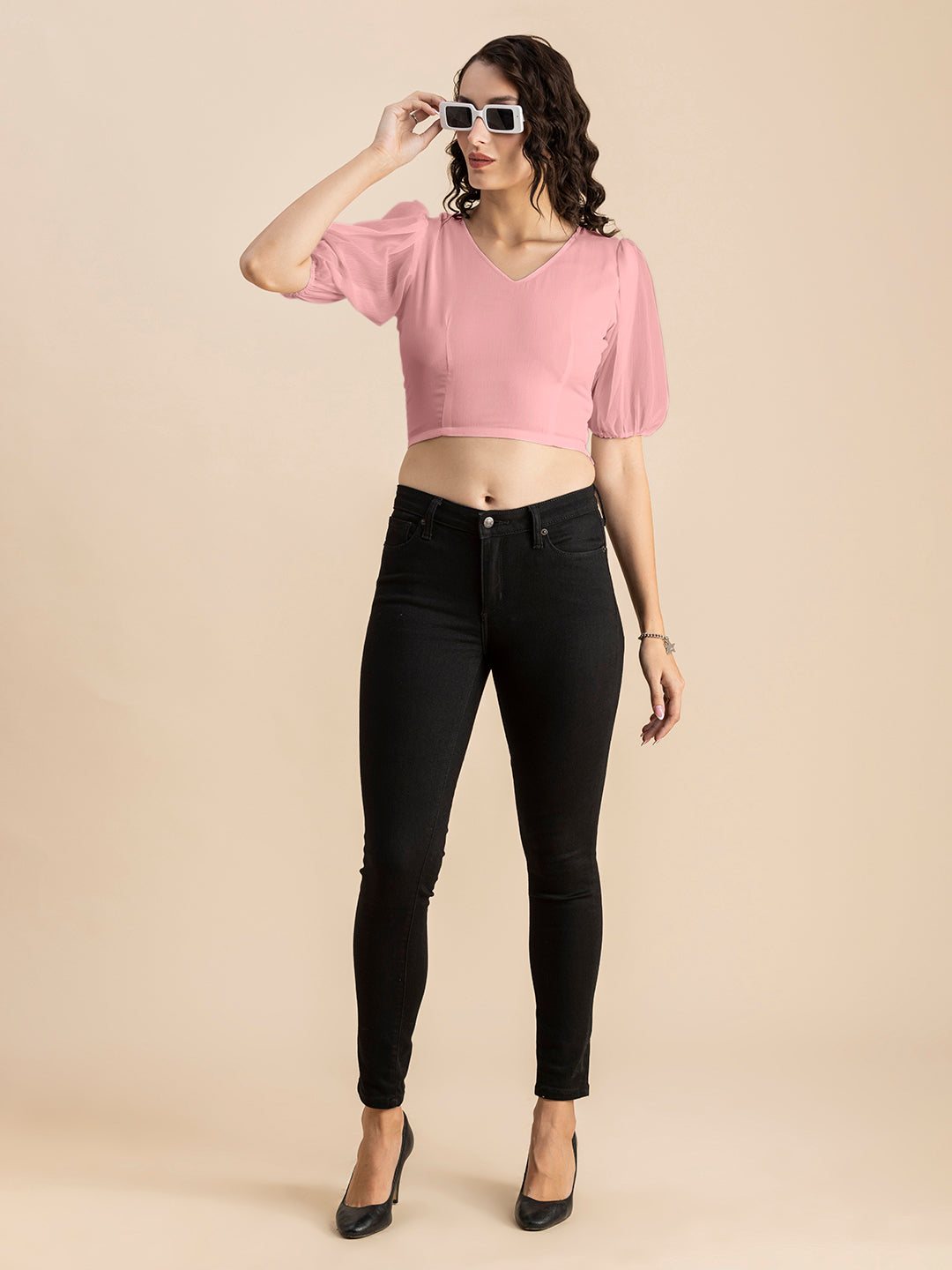 Solid V-Neck Puff Sleeve