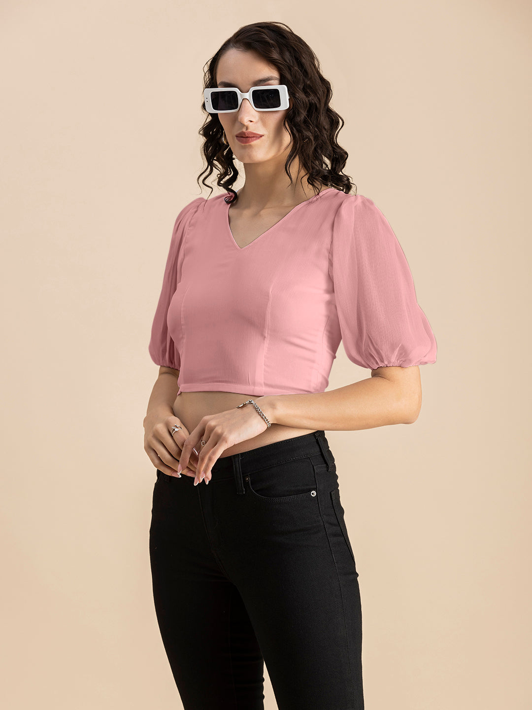Solid V-Neck Puff Sleeve