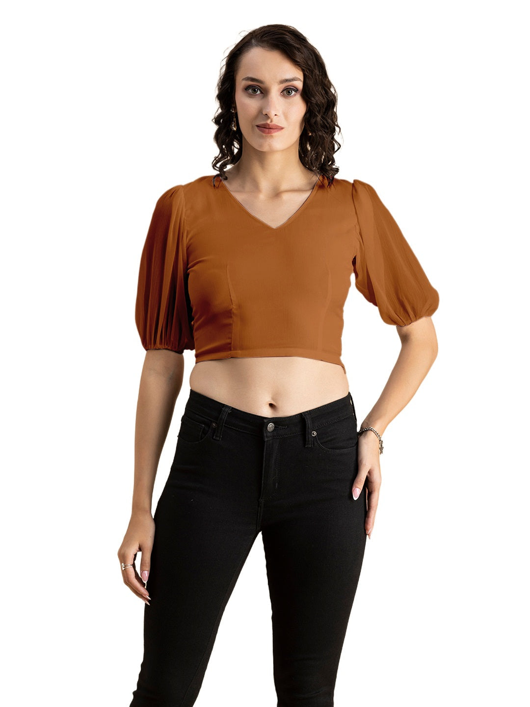 Solid V-Neck Puff Sleeve