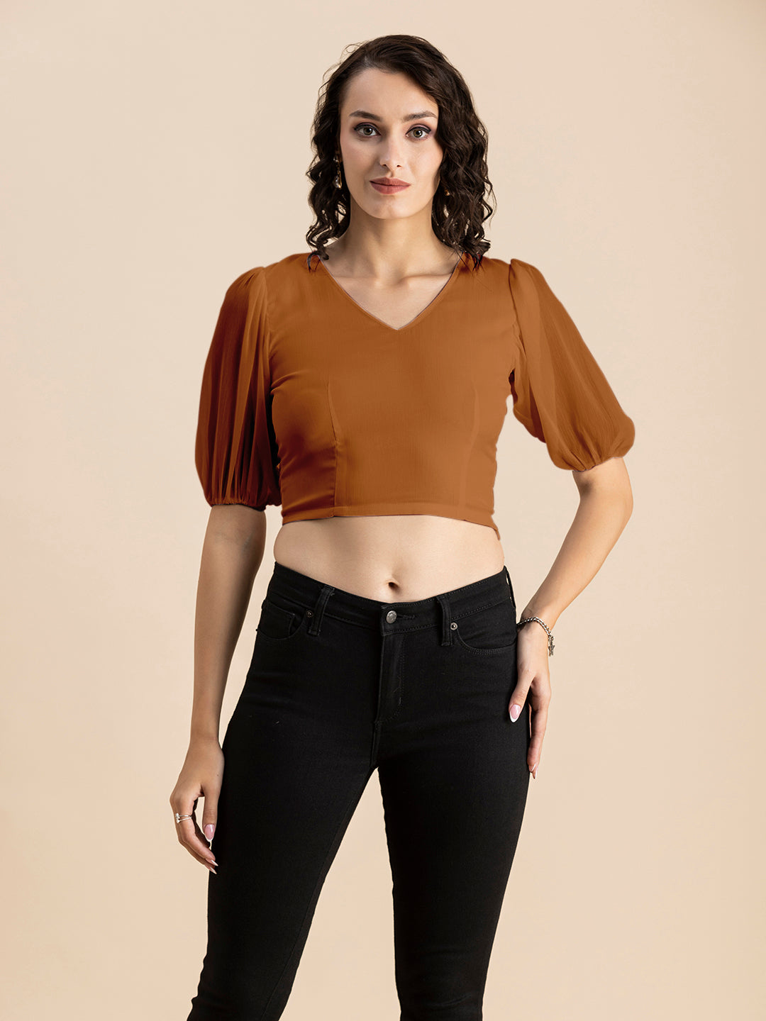 Solid V-Neck Puff Sleeve