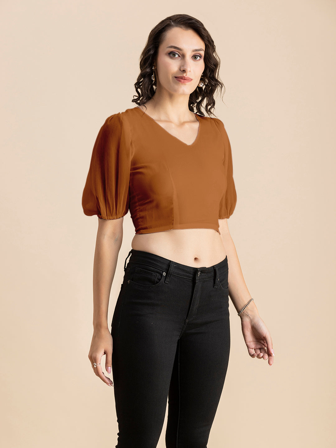 Solid V-Neck Puff Sleeve