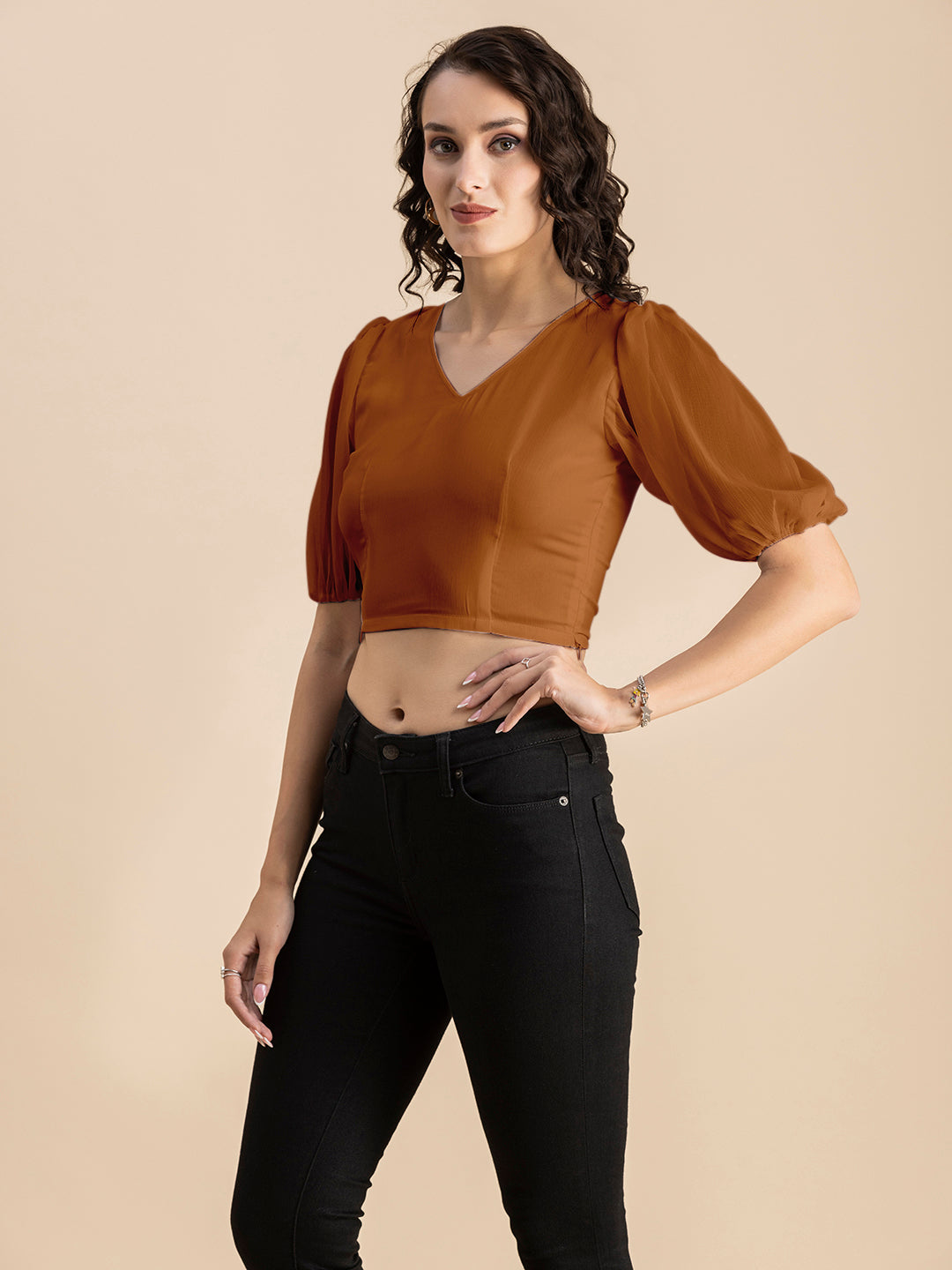Solid V-Neck Puff Sleeve