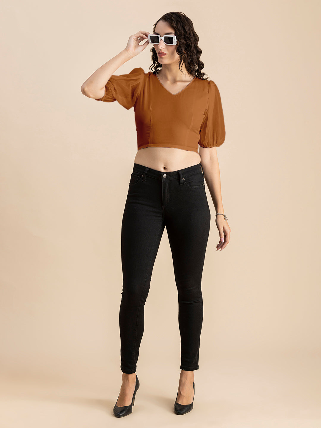 Solid V-Neck Puff Sleeve