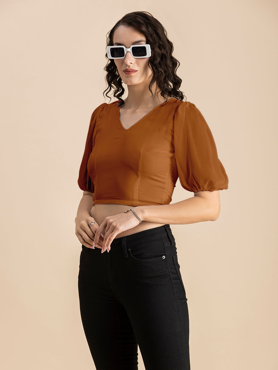 Solid V-Neck Puff Sleeve
