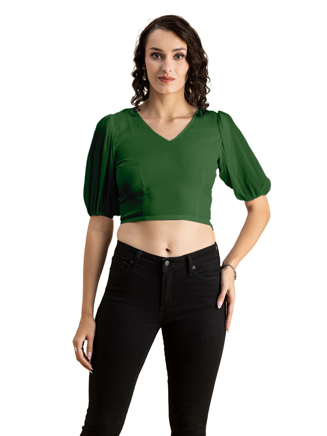 Solid V-Neck Puff Sleeve