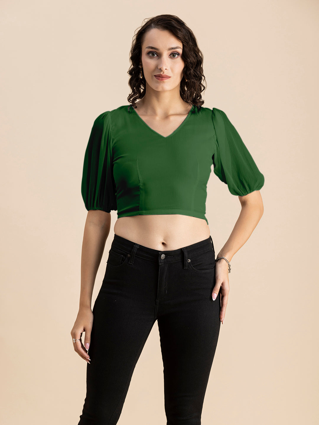 Solid V-Neck Puff Sleeve