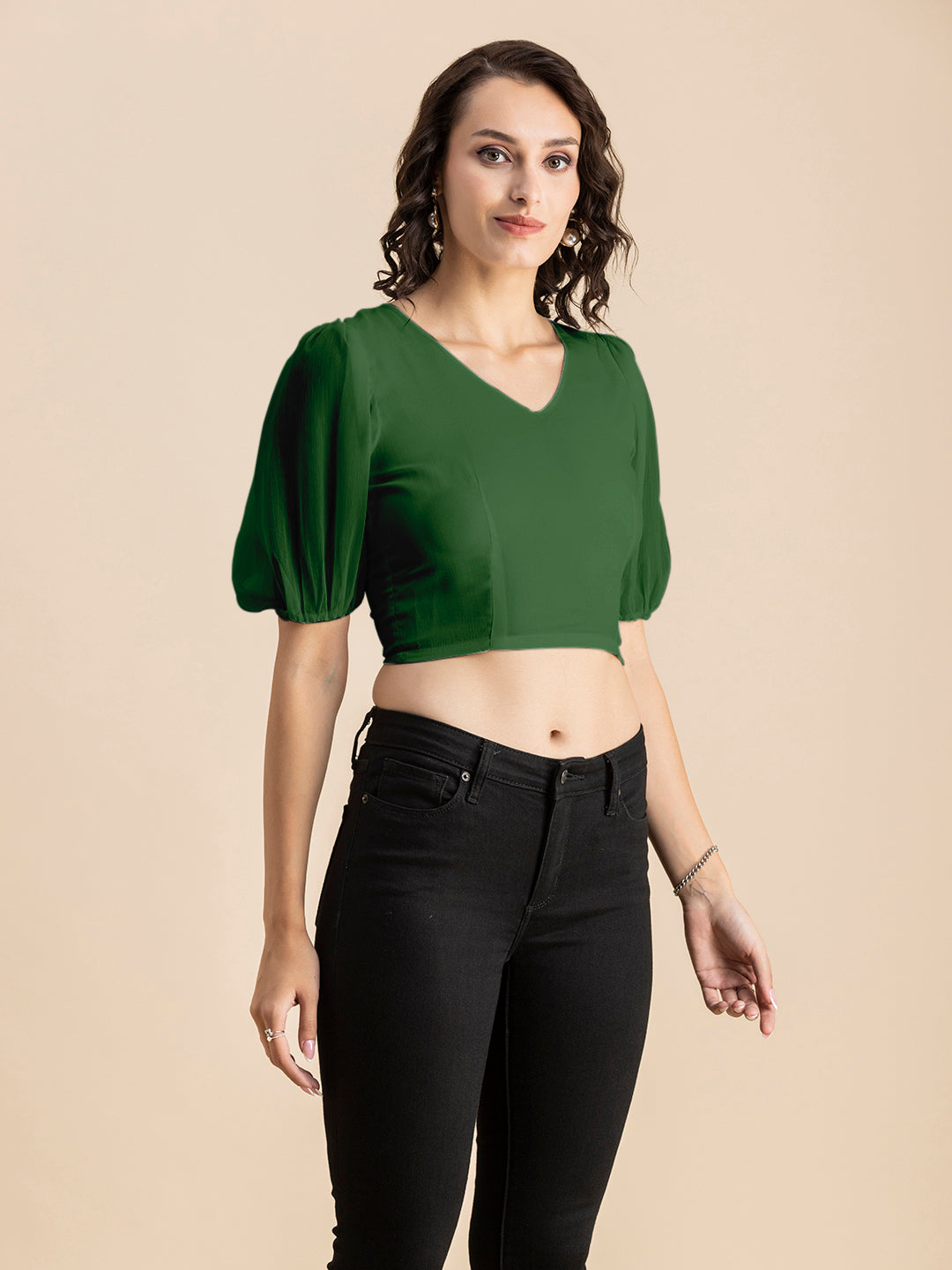 Solid V-Neck Puff Sleeve