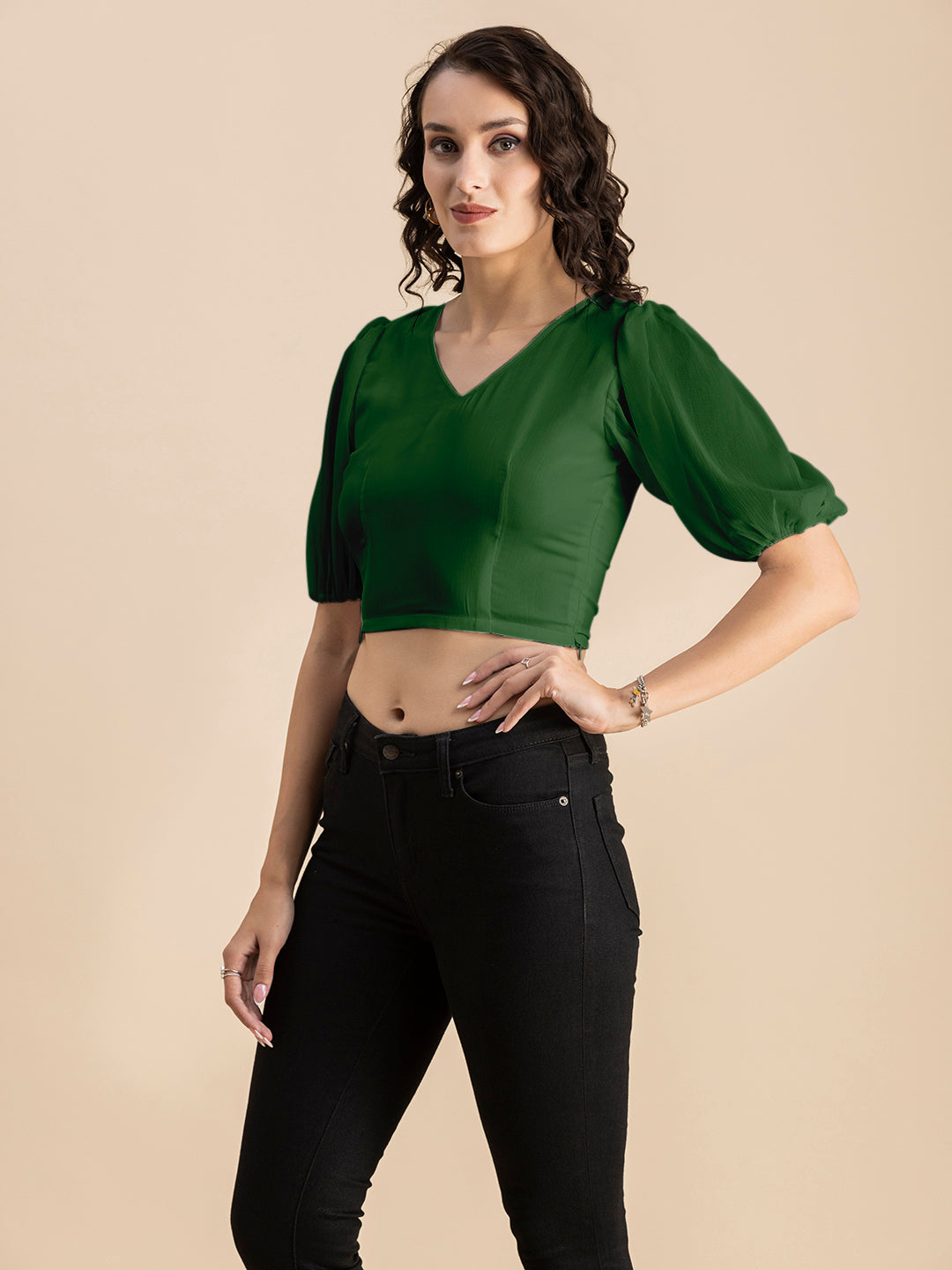 Solid V-Neck Puff Sleeve