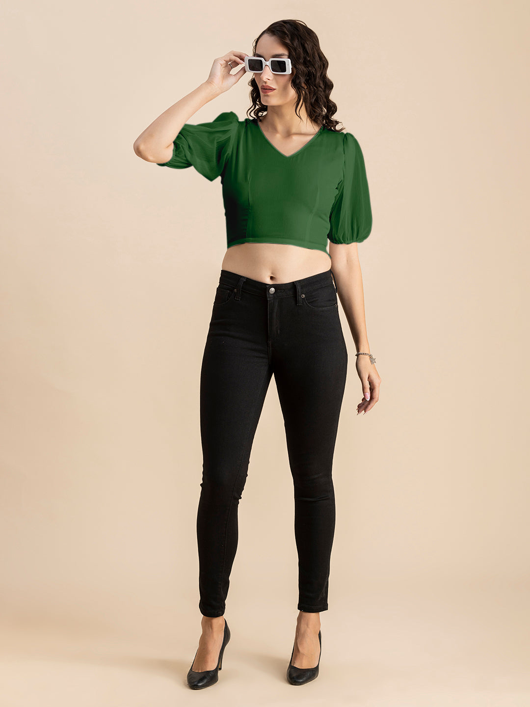 Solid V-Neck Puff Sleeve