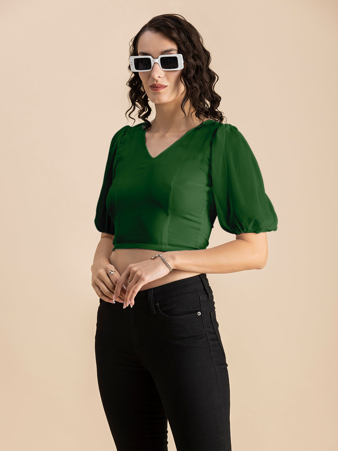 Solid V-Neck Puff Sleeve