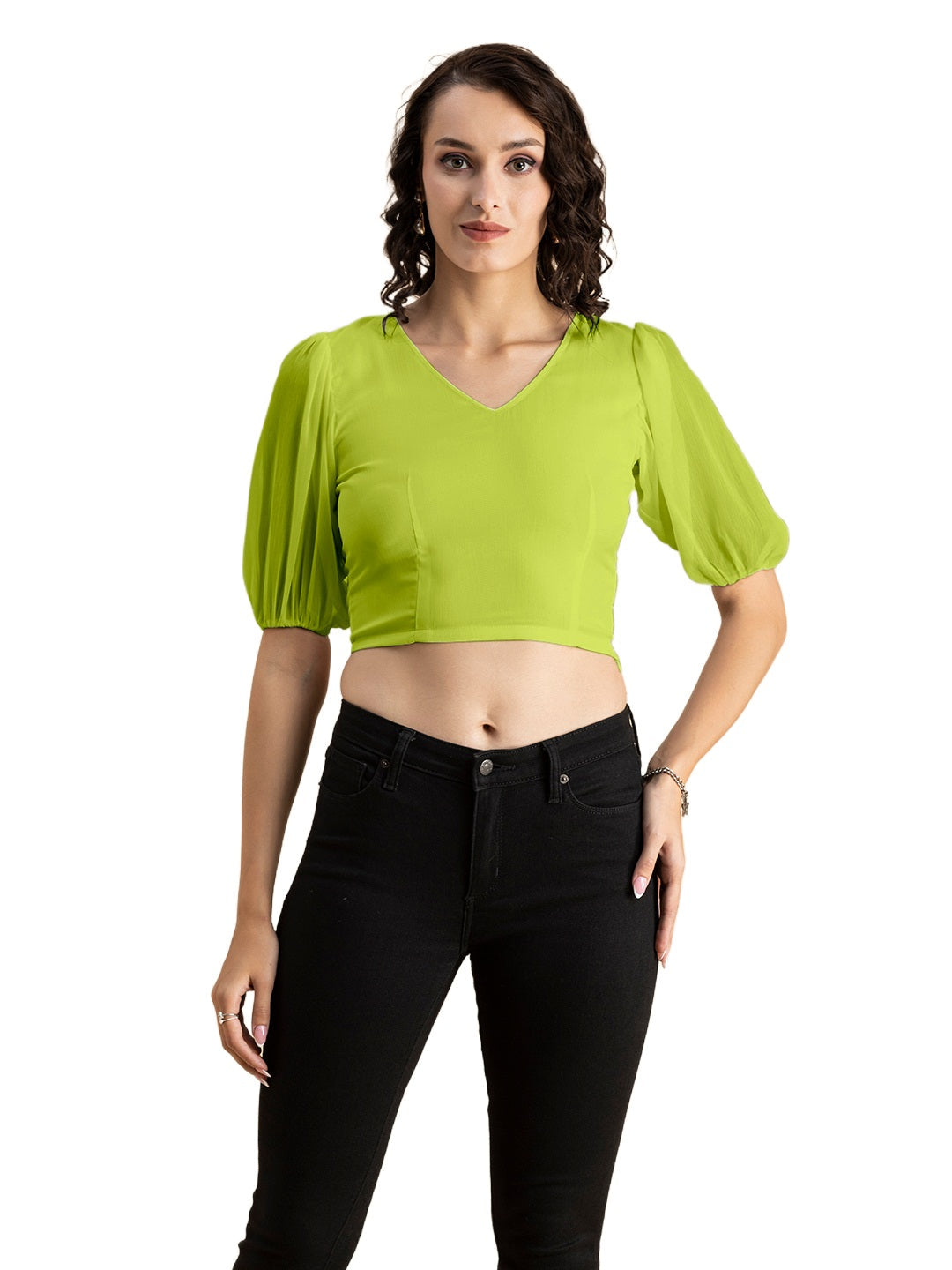 Solid V-Neck Puff Sleeve