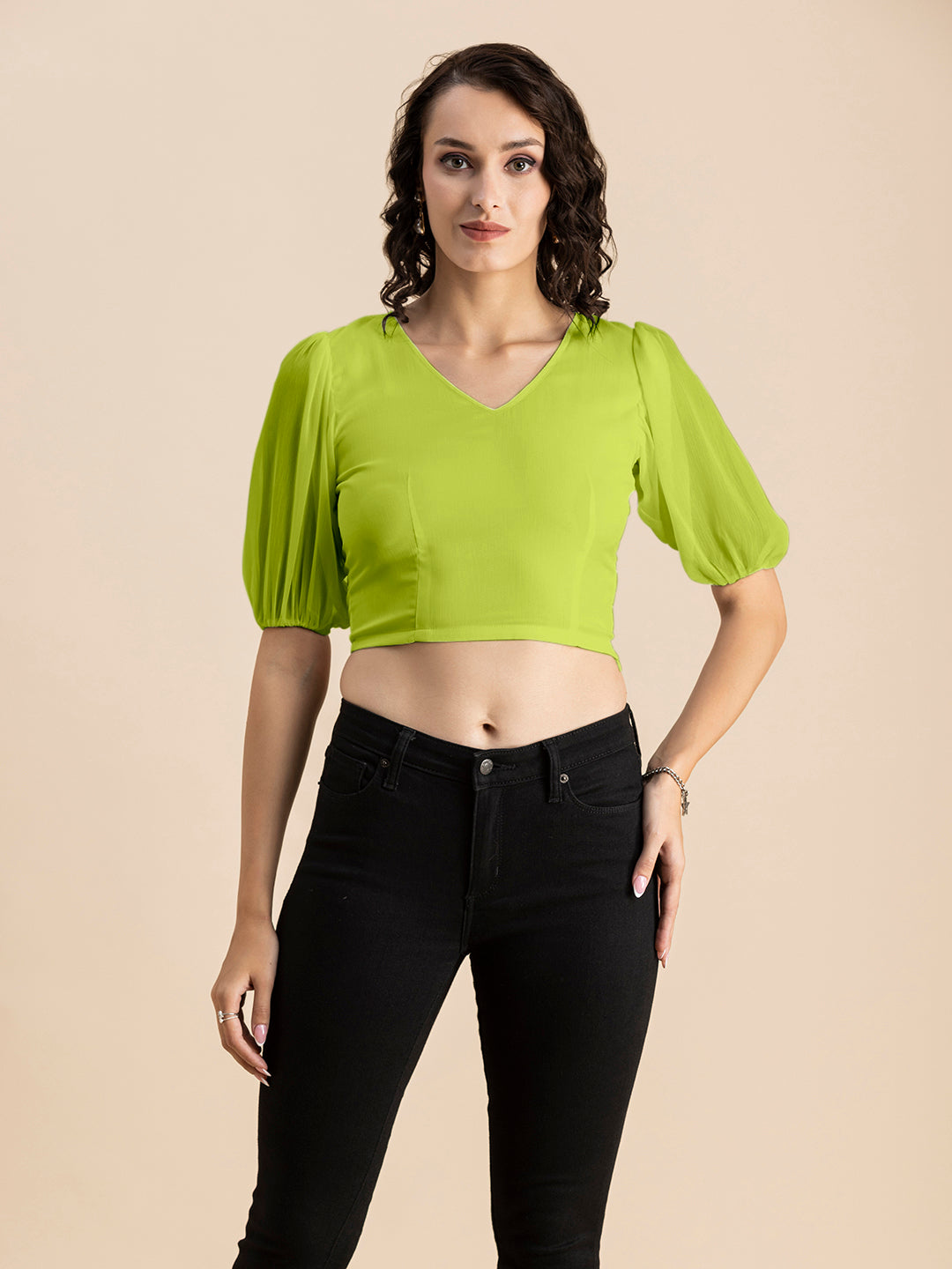 Solid V-Neck Puff Sleeve