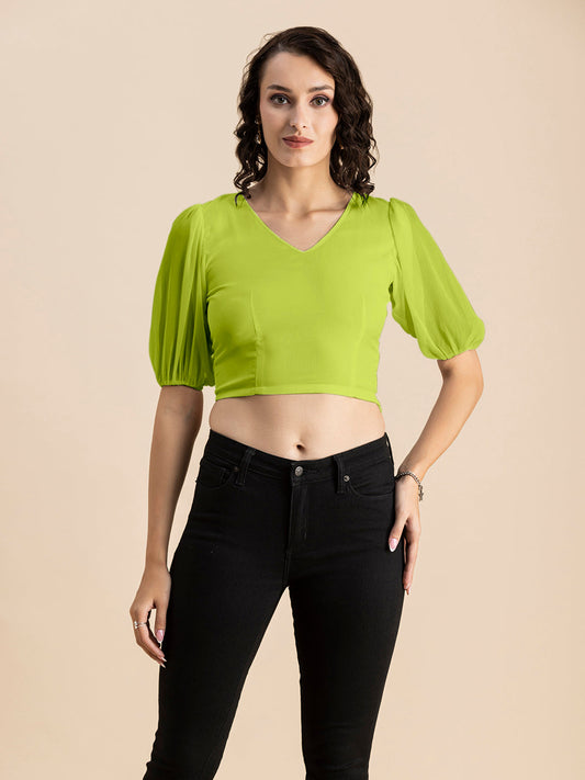 Solid V-Neck Puff Sleeve
