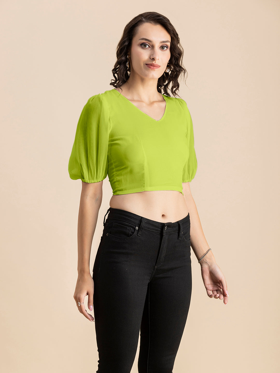 Solid V-Neck Puff Sleeve