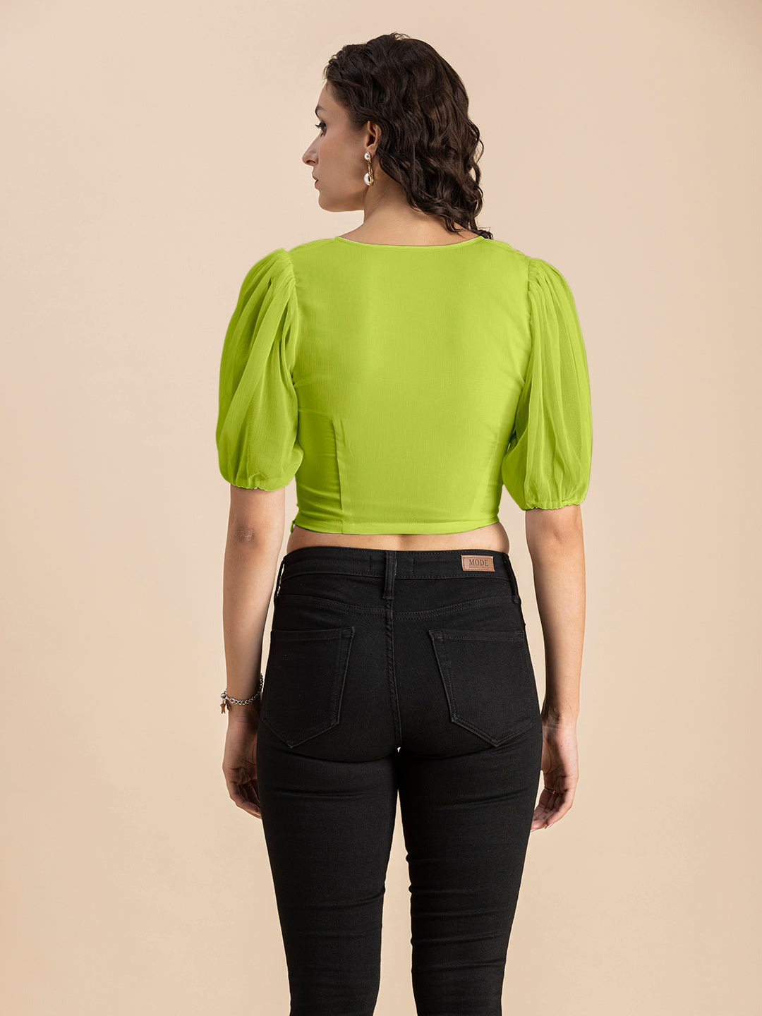 Solid V-Neck Puff Sleeve
