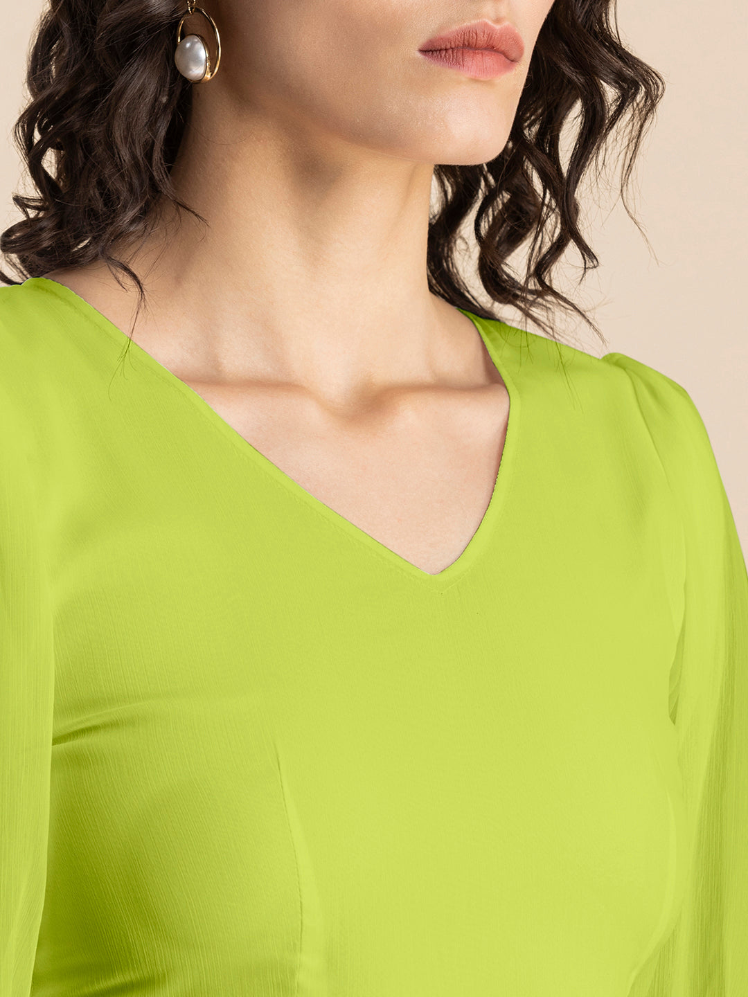 Solid V-Neck Puff Sleeve