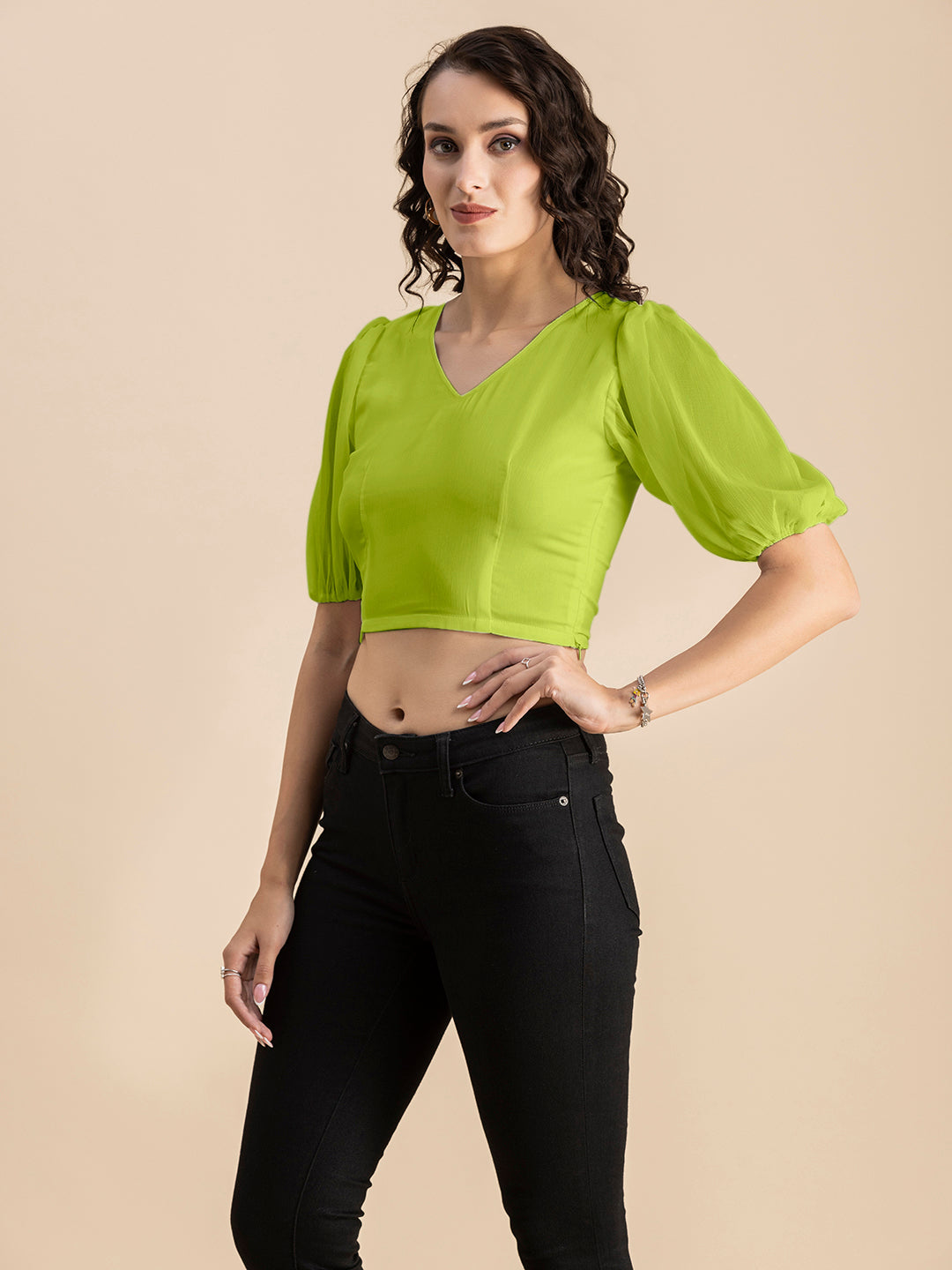 Solid V-Neck Puff Sleeve