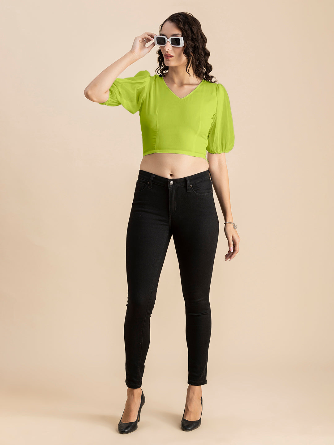 Solid V-Neck Puff Sleeve