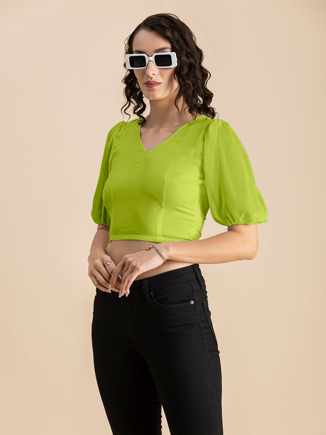 Solid V-Neck Puff Sleeve
