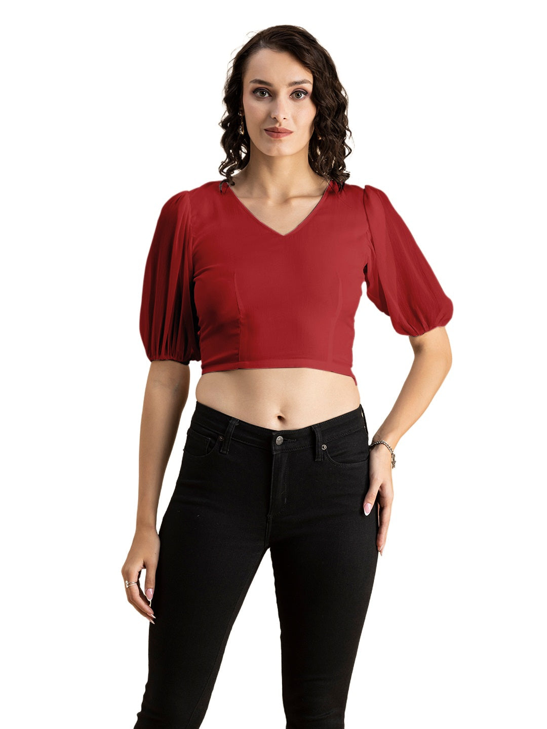 Solid V-Neck Puff Sleeve