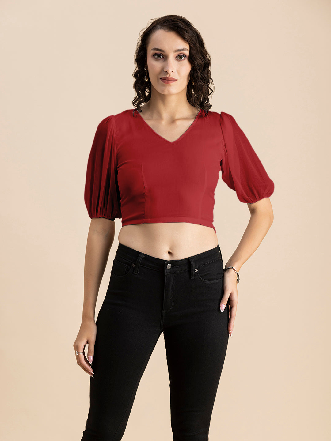 Solid V-Neck Puff Sleeve
