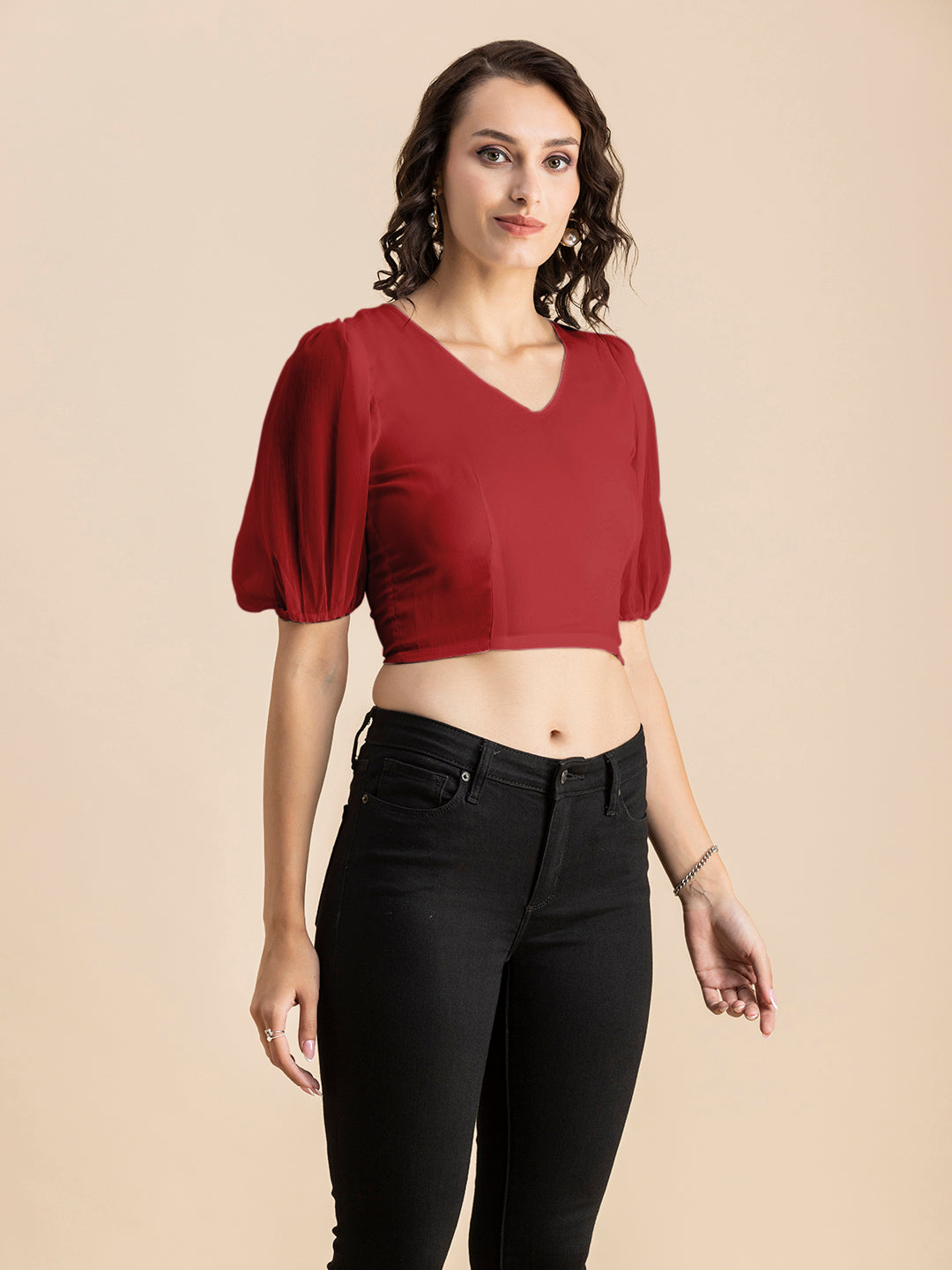 Solid V-Neck Puff Sleeve