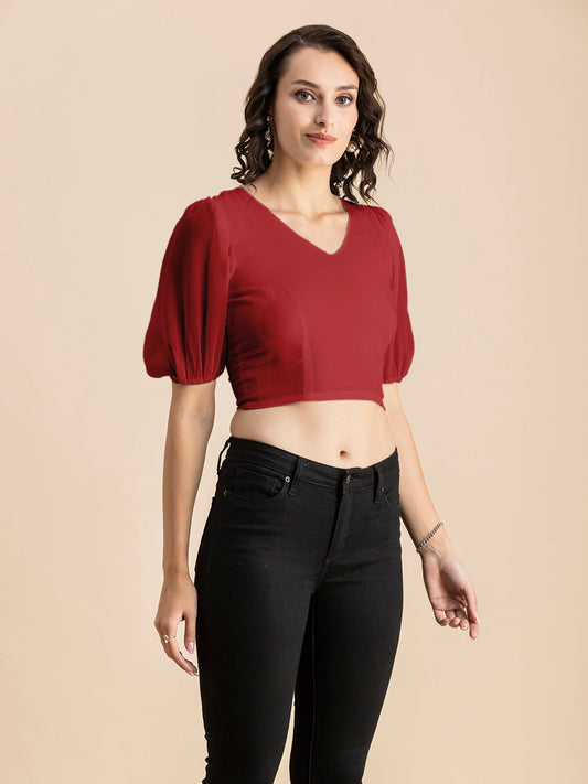Solid V-Neck Puff Sleeve