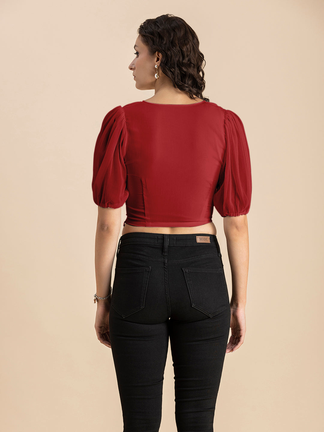 Solid V-Neck Puff Sleeve