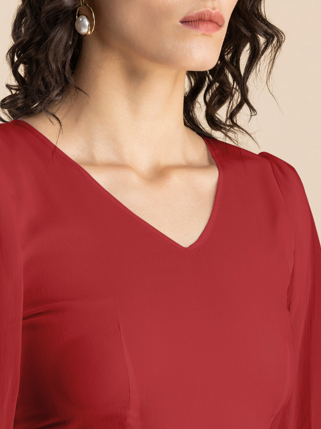Solid V-Neck Puff Sleeve