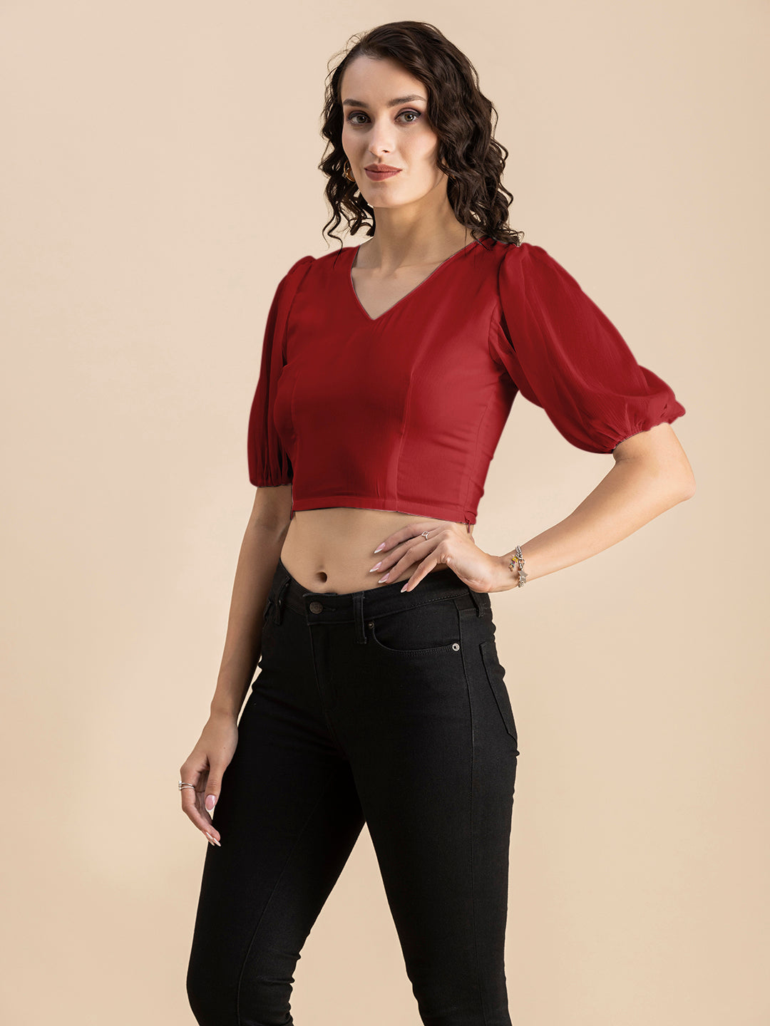 Solid V-Neck Puff Sleeve