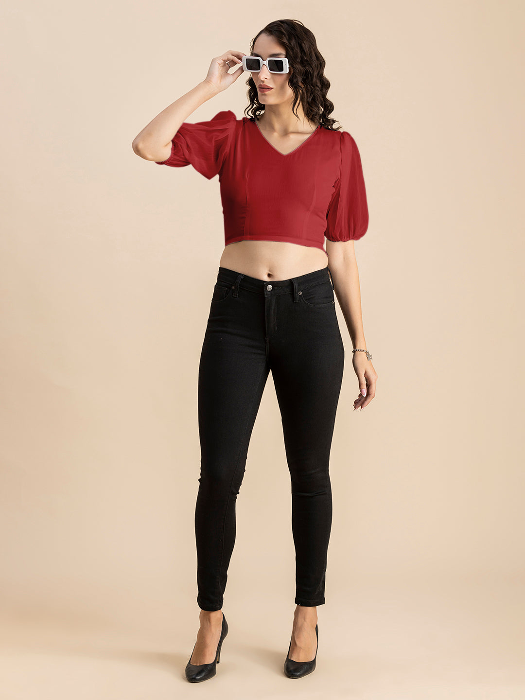 Solid V-Neck Puff Sleeve