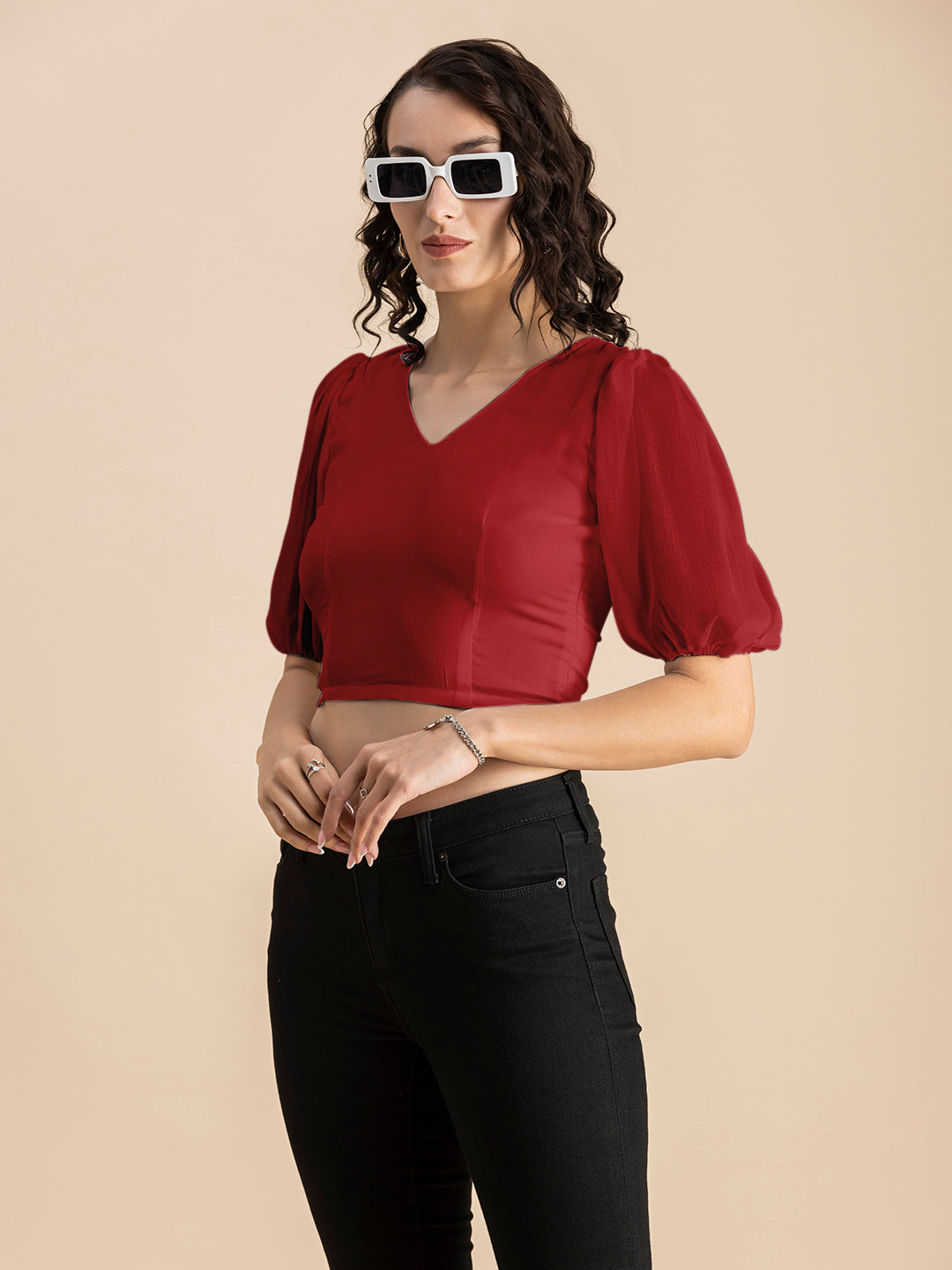 Solid V-Neck Puff Sleeve