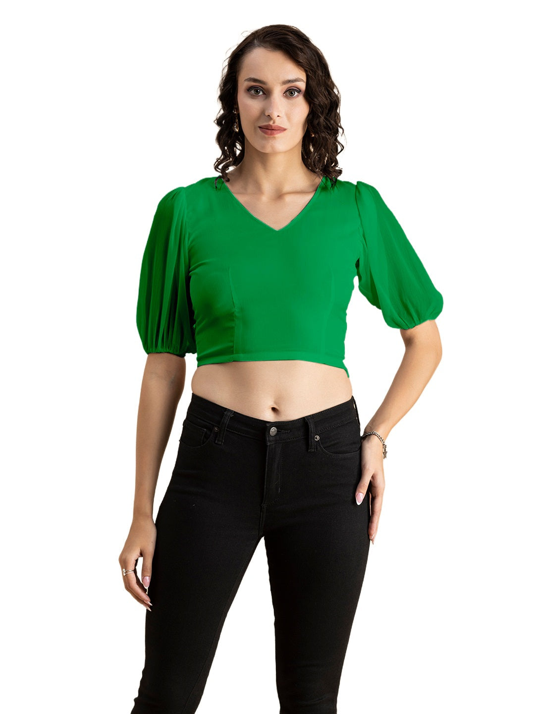 Solid V-Neck Puff Sleeve