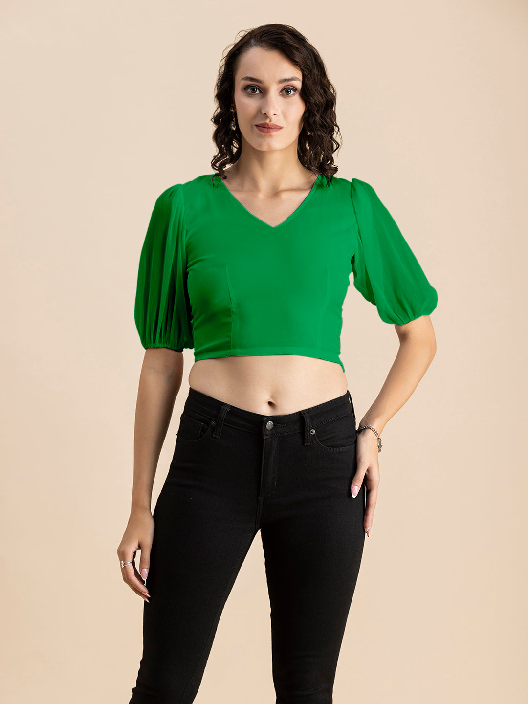 Solid V-Neck Puff Sleeve