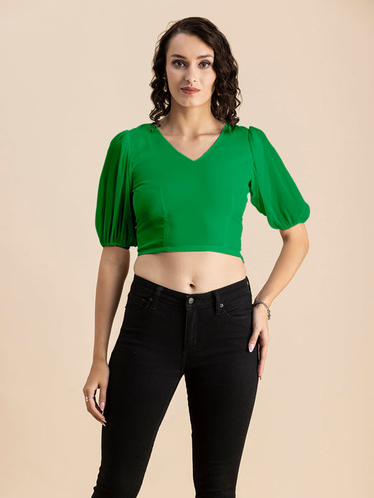 Solid V-Neck Puff Sleeve